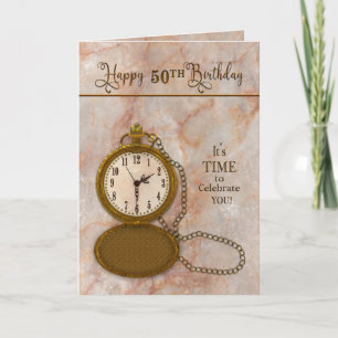 Geburtstag 50. Taschenuhr und Kette Karte