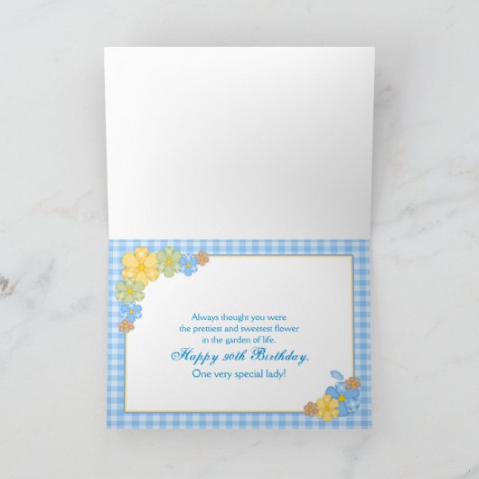 GEBURTSTAG - 90. - BLAUE GINGHAM/BLUME KARTE (Innenseite)