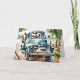 Geburtstag alter Mann und Hund in blauem Retro LKW Karte