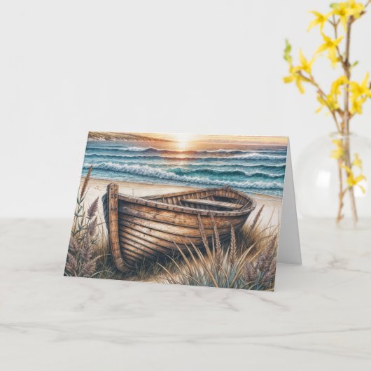 Geburtstag altes Holzboot am Strand Karte (Gelbe Blume)