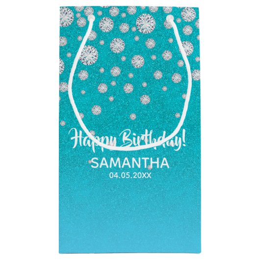 Geburtstag aquamariner, blaugrüner Glitzer Kleine Geschenktüte (Rückseite)