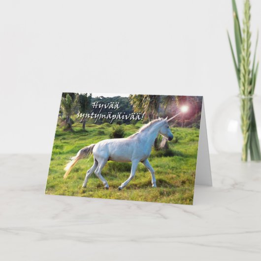 Geburtstag auf Finnisch, magisches Einhorn Karte (Vorderseite)
