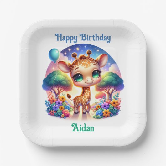 Geburtstag Baby Giraffe Fantasy Safari Pappteller (Vorderseite)
