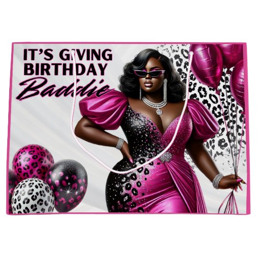 Geburtstag Baddie Black Woman Pink & Leopard Große Geschenktüte (Vorderseite)