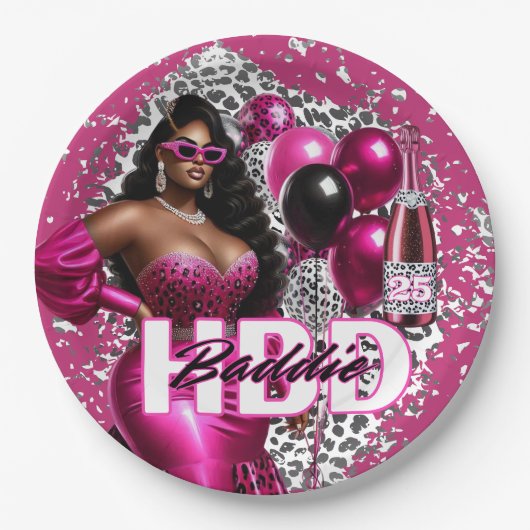 Geburtstag Baddie Black Woman Pink & Leopard Pappteller (Vorderseite)