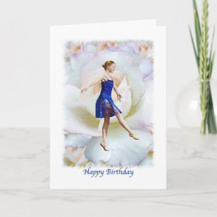 Geburtstag, Ballerina in Blau auf einer weißen Ros Karte