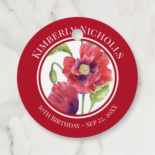 Geburtstag Bevorzugung Roter Poppies Blumenzirkel Geschenkanhänger (Rückseite)