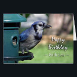 Geburtstag: Birth Son Blue Jay auf Vogeleinzug<br><div class="desc">Auf dieser Geburtstagskarte steht eine Blue Jay an einem Vogelfeeder für einen Geburtstag. Tolle Karte für den Vogelbeobachter in deinem Leben. Bild und Vers Copyright © Shoaff Ballanger Studios.</div>
