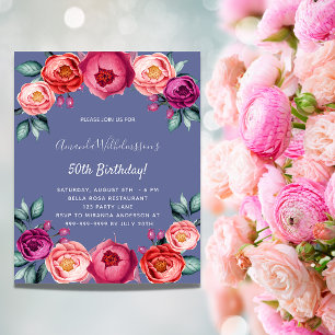 Geburtstag blau rosa florale Budget-Einladung Flyer