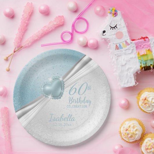 Geburtstag - Blue Heart & White Glitzer Pappteller (Party)