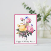 Geburtstag Blumenrosa Gelbe Rosen Lila Schmetterli Postkarte (Stehend Vorderseite)