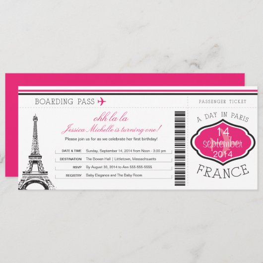 Geburtstag Boarding Pass auf Paris Einladung (Vorne/Hinten)