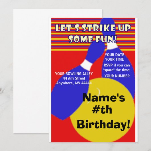 Geburtstag Bowling Einladung. Einladung (Vorne/Hinten)