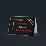 Geburtstag, Bruder, Worte in weiß und rot. Karte<br><div class="desc">Coole Redewendungen zum Geburtstag eines Bruders auf schwarzem Hintergrund.</div>