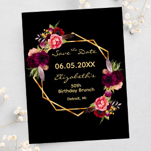 Geburtstag Burgunder Blumen Schwarz Save the Date Postkarte