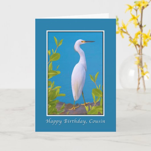 Geburtstag, Cousin, Snowy-Reiher-Vogel Karte (Gelbe Blume)