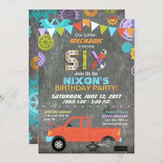 Geburtstag der Chalkboard-Schaltgetriebe Einladung (Vorne/Hinten)