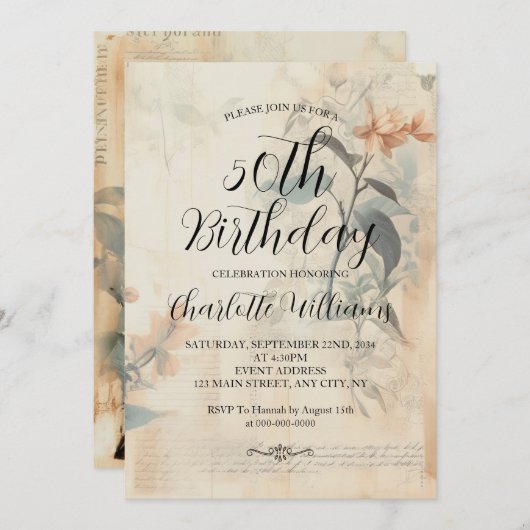 Geburtstag der Vintagen botanischen Frauen Einladung (Vorne/Hinten)