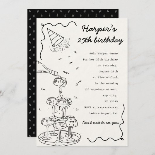 Geburtstag des handgezeichnet Champagnerturms Einladung (Vorne/Hinten)