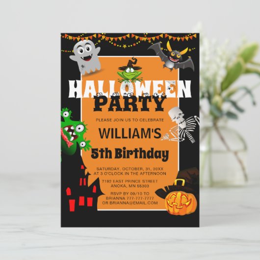 Geburtstag des niedlichen Cartoon Halloween Einladung (Stehend Vorderseite)