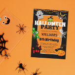 Geburtstag des niedlichen Cartoon Halloween Einladung<br><div class="desc">Diese niedlichen Halloween-Party Einladungen,  mit einer leicht zu personalisierenden Einladungsvorlage. Die Einladung enthält Cartoon-Bilder von: eine Fledermaus,  Kürbis in einen Hut,  Frosch mit einer Hexenhut,  ein Geist,  ein Spuk Haus,  ein grünes 3 mit Augen Monster und ein Skelett.</div>