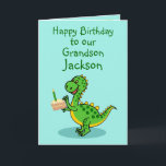 Geburtstag Dinosaurier Grandson Faltkarte Karte<br><div class="desc">Eine niedliche Karte, die Sie personalisieren können, indem Sie ein Stück Birthday Cake und Candle zeigen und einen niedlichen Dinosaurier mit einem Stück Kuchen. Personalisieren Sie den Text, den Namen und die Meldung, die sich in der Vorlage befindet, oder entfernen Sie sie, indem Sie die Eingabeaufforderung "Personalisieren Sie diese Vorlage"...</div>