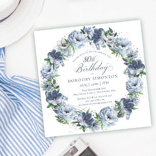 Geburtstag, Dusty Blue Blume Wreath Einladung