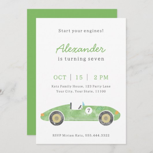 Geburtstag eines grünen Rennwagens Ankündigung (Vorne/Hinten)