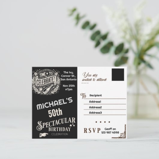 Geburtstag Einladung schwarz-weiß Vintag Postkarte (Stehend Vorderseite)