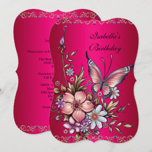 Geburtstag Eleganter Rosa Fuschia Blumen-Schmetter Einladung