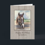 Geburtstag, Enkel, Brown-Pferd mit Zaum Karte<br><div class="desc">Diese Geburtstagsgrußkarte für einen Enkel stellt dar,  dass das Bild eines braunen Pferds,  das in der Koppel stehend ist,  eine weiche und träumerische Qualität zu ihm hat.</div>