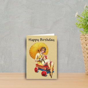 Geburtstag Flapper Lady Regenschirm Wagen Vintage  Karte