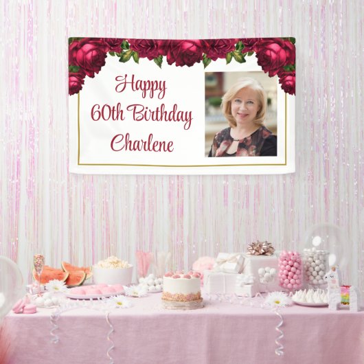 Geburtstag Floral Rose Foto Script Personalisiert Banner (Party)