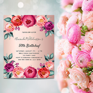 Geburtstag floral rose-gold pink Budget-Einladung Flyer