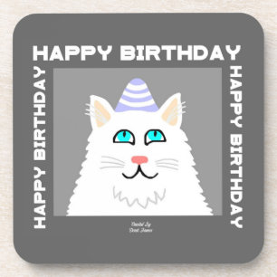 Geburtstag Fluffy White Cat Hard Plastic Untersetz Getränkeuntersetzer