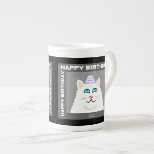Geburtstag Fluffy White Cat Knochen China Tasse