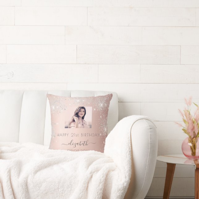Geburtstag Foto Rose Gold Silberstaub Name Glitzer Kissen (Liege)
