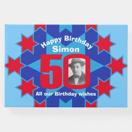 Geburtstag Foto Star Rot Blau Gästebuch (Vorderseite)