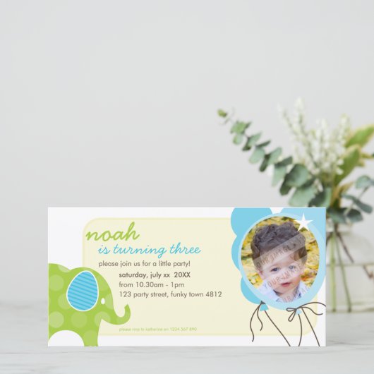 GEBURTSTAG FOTOKARTE: Elefant + Ballone 6 (Stehend Vorderseite)