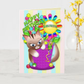Geburtstag - Freundin - Kitty Cat Celebrating Karte (Gelbe Blume)