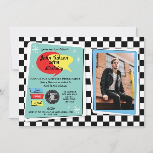 Geburtstag Fünfzigerjahre Retro Rock'n'Roll Invite Einladung (Vorderseite)