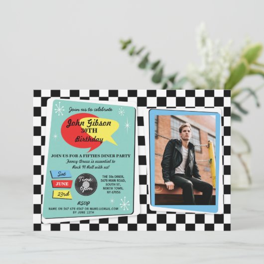 Geburtstag Fünfzigerjahre Retro Rock'n'Roll Invite Einladung (Stehend Vorderseite)