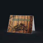 Geburtstag für Grandson, Tools und Holz Karte<br><div class="desc">Geburtstagskarte für einen besonderen Enkel. Die Karte verfügt über ein holzverbranntes Imitat von Werkzeugen und Schrauben auf einem holzaussehenden Hintergrund. Digitales Kunstbild mit Fotografien und digitalen Elementen,  um einen holzverbrannten Look zu schaffen. Buchstaben sehen aus,  als wären sie blau-grün gefärbt.  Kunst,  Bild und Vers © Shoaff Ballanger Studios.</div>