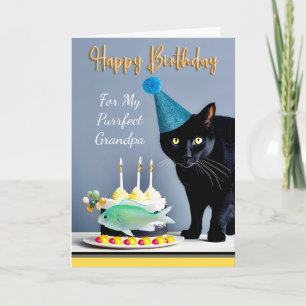 Geburtstag für Opa mit schwarzer Katze und Kuchen Karte