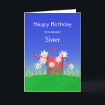 Geburtstag für Sister Daisis und Wassersport Karte<br><div class="desc">Karte mit meinem Design einer leuchtend roten Dose auf grünem Gras mit Gänsen und einem blauen Himmel. Cover Text sagt "Glücklich Geburtstag zu einer besonderen Schwester". Verse dich drinnen.</div>