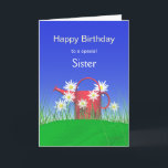 Geburtstag für Sister Daisis und Wassersport Karte<br><div class="desc">Karte mit meinem Design einer leuchtend roten Dose auf grünem Gras mit Gänsen und einem blauen Himmel. Cover Text sagt "Glücklich Geburtstag zu einer besonderen Schwester". Verse dich drinnen.</div>
