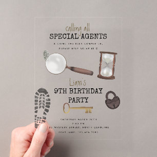 Geburtstag Geheimagent Spion Detektiv Mystery Kids Acryleinladungen
