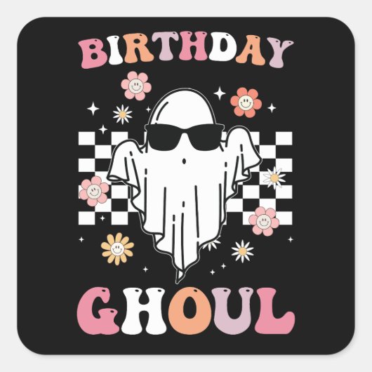 Geburtstag Ghoul Ghost Halloween Groovy Retro Quadratischer Aufkleber (Vorderseite)