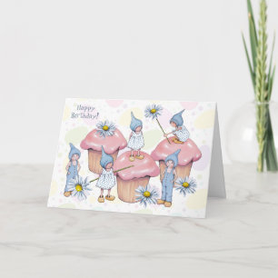 Geburtstag, Gnomes und kleine Kuchen, rosa Karte