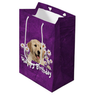 Geburtstag Golden Retriever auf Lila Leder Mittlere Geschenktüte